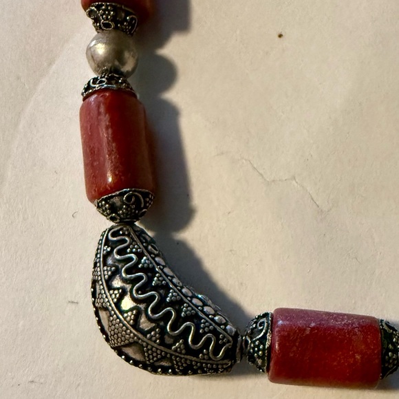 Red Coral Silver Bead Necklace Chunky Ethnic Tribal - Picture 4 of 8